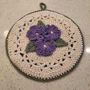 Vintage 60s Triple Layer Crocheted Purple Flower Kitchen Hot Pad Trivet 9.5"